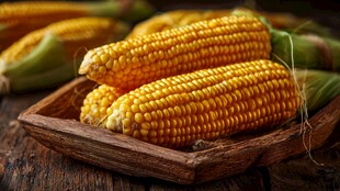 木盘里的金黄鲜嫩玉米棒