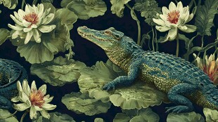 鳄鱼栖于睡莲莲叶间