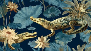 鳄鱼游弋于荷花莲叶间