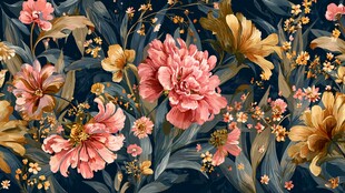 深蓝色底上的绚丽花卉图案