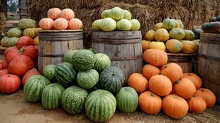 秋季瓜类堆放在木桶旁