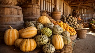 谷仓内堆放的多彩南瓜等