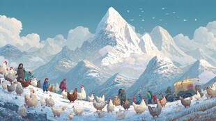 雪山下的牧人与鸡群图景