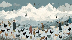 雪山下的乡村动物与人景