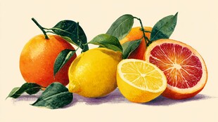 多彩柑橘类水果静物画