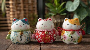 三只可爱招财猫摆件
