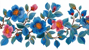 蓝粉花卉边饰图案设计