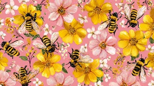 粉色背景蜜蜂花朵图案