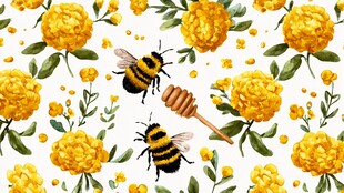 蜜蜂采蜜花卉水彩图案