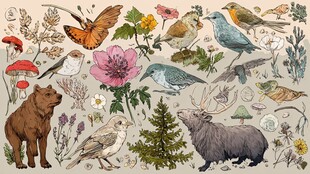 森林动物与花卉插画