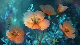 梦幻橙色花朵与绿植美景