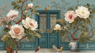 中式繁花映蓝门雅致景