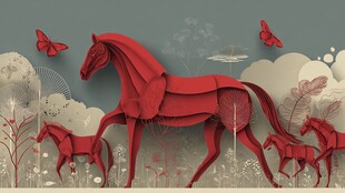 红色折纸骏马与蝴蝶美景