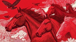 八骏奔腾红韵图