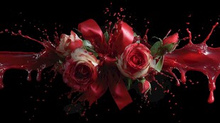 红玫瑰与飞溅红绸的浪漫图景