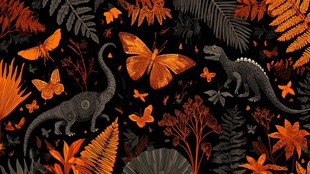 橙黑风恐龙蝴蝶植物插画