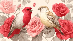 玫瑰丛中的双鸟