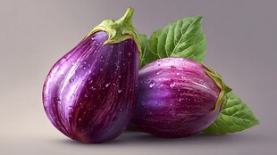 新鲜紫茄子带叶特写