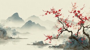 红梅映山水 诗意中国风