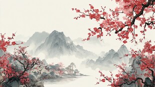 水墨红梅映山川美景