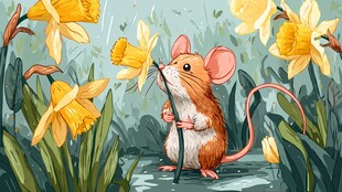 小老鼠嗅闻春日黄水仙