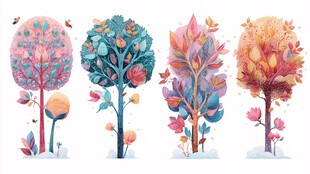 四季梦幻树木插画