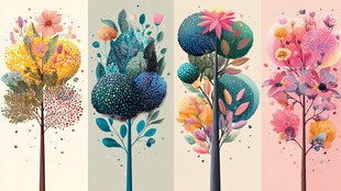 梦幻多彩花卉树木插画