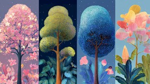 梦幻多彩树木花卉插画