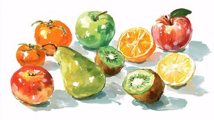 水彩绘多彩新鲜水果组合