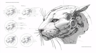 机械豹头部设计草图展示