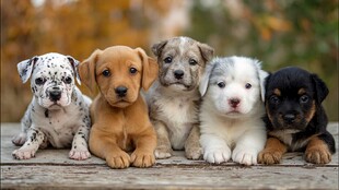 五只萌态小狗的温馨合照