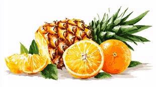 水彩绘菠萝与鲜橙