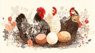 母鸡护蛋于繁花簇拥的巢中