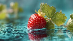 水中红草莓与绿叶的清新画面