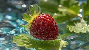 水中鲜红草莓与绿叶