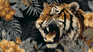 咆哮猛虎置身繁花绿叶间