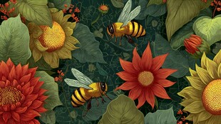 蜜蜂在多彩花丛中飞舞