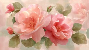 梦幻粉色蔷薇花卉插画