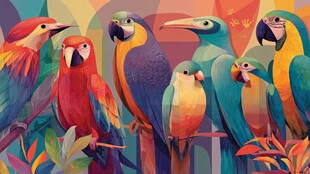 多彩鹦鹉群栖于繁茂植物间