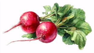 两颗鲜润萝卜带翠绿茎叶