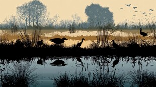 黄昏湿地群鸟栖息美景