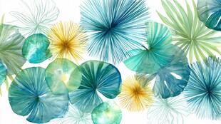 热带风多彩叶片水彩图案