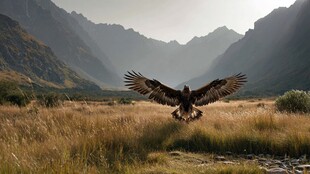 草原雄鹰展翅翱翔山间