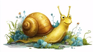 可爱蜗牛在花草间微笑
