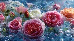 水中绽放的多彩浪漫玫瑰