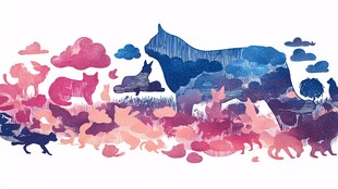 梦幻动物群像水彩插画