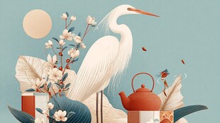 白鹭伴花与茶具的雅致图景