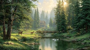 森林中的静谧溪边美景