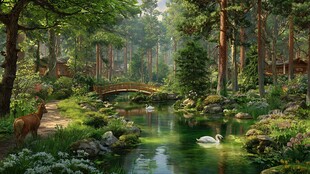 森林中的静谧溪流与动物