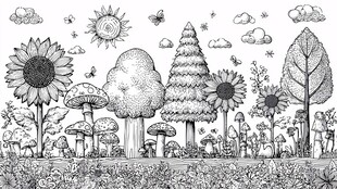 夏日森林黑白插画风景